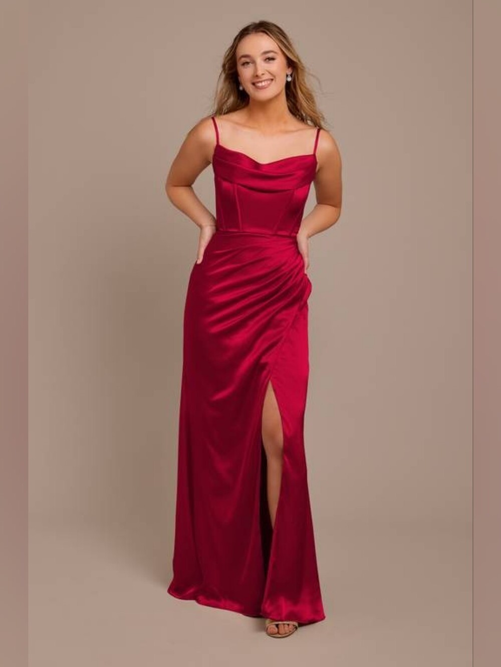 NWT Galina Signature Red Apple Satin Corset Cowl Neck Formal Gown Size 16